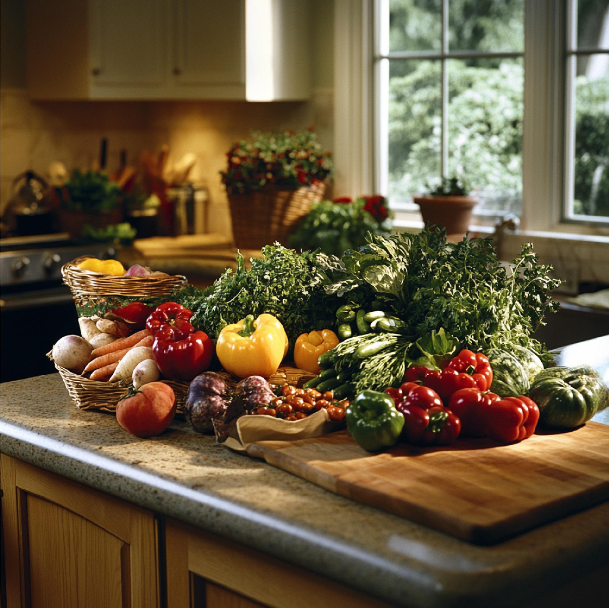 Open kitchen with wooden counter and ingredients